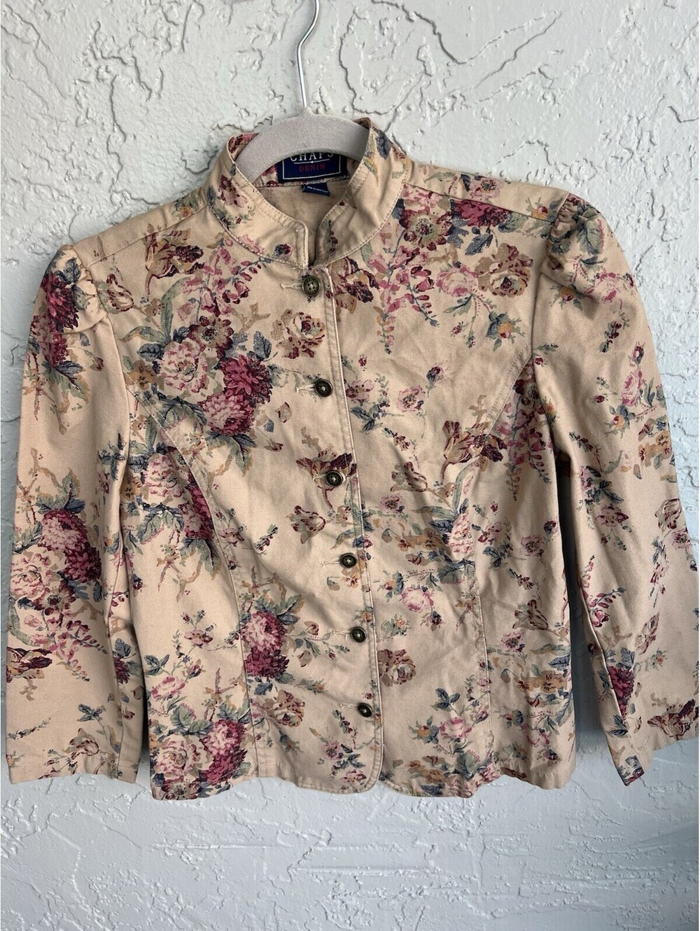 Chaps Denim Jacket Womens S Beige Floral Rose Print Cotton Fairy Victorian Vtg. - Picture 5 of 15